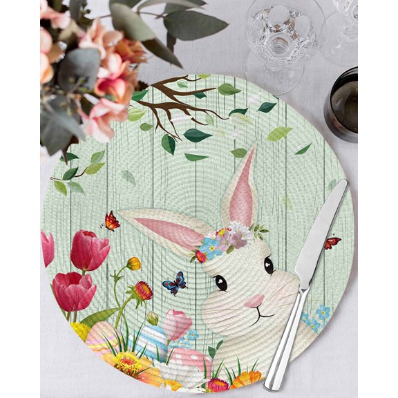 15 Inch Round Placemats Set of 6, Easter Non Slip Heat Insulation PP Table Mats, Spring Watercolor Bunny Eggs Tulip Wooden Grain Teal Washable Place Mats for Kitchen Dining Party Table Decor