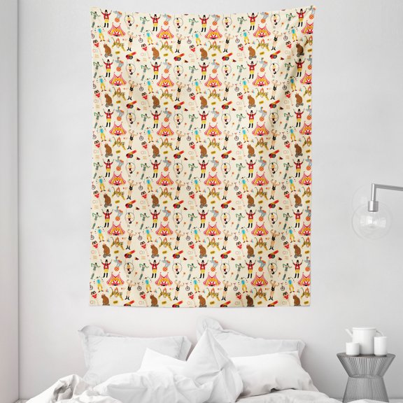 Circus Tapestry, Colorful Retro Circus Figures as Bear Riding Tricycle Siamese Girls and Entertainer, Wall Hanging for Bedroom Living Room Dorm Decor, 60W X 80L Inches, Multicolor, by Ambesonne