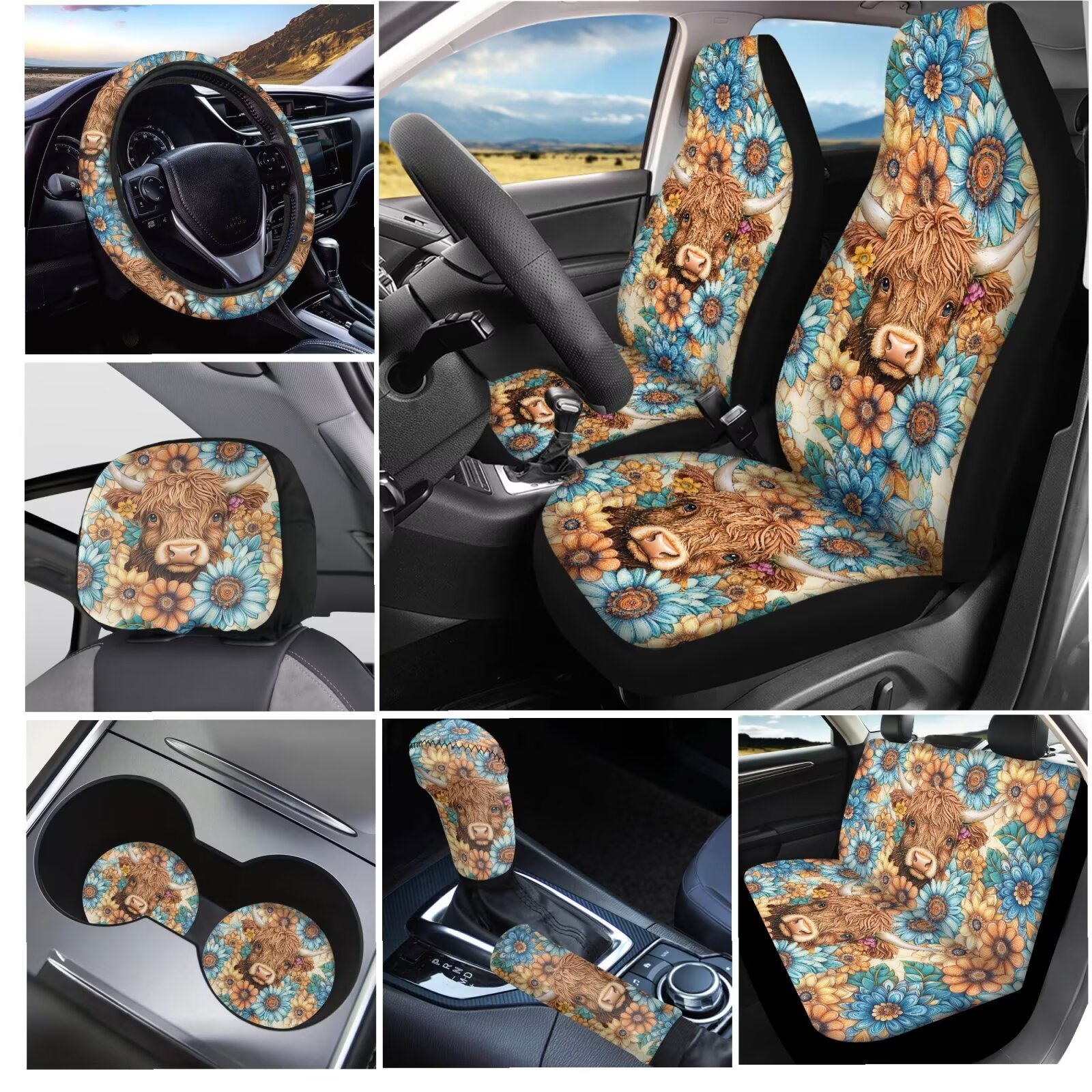 Garronmavis Boho Highland Cow Car Accessories Set with Steering Wheel Wrap Gear Shift Cover Handbrake Sleeve Headrest Protectors Cup Coasters Vehicle Cushion Protectors Interior Accessories