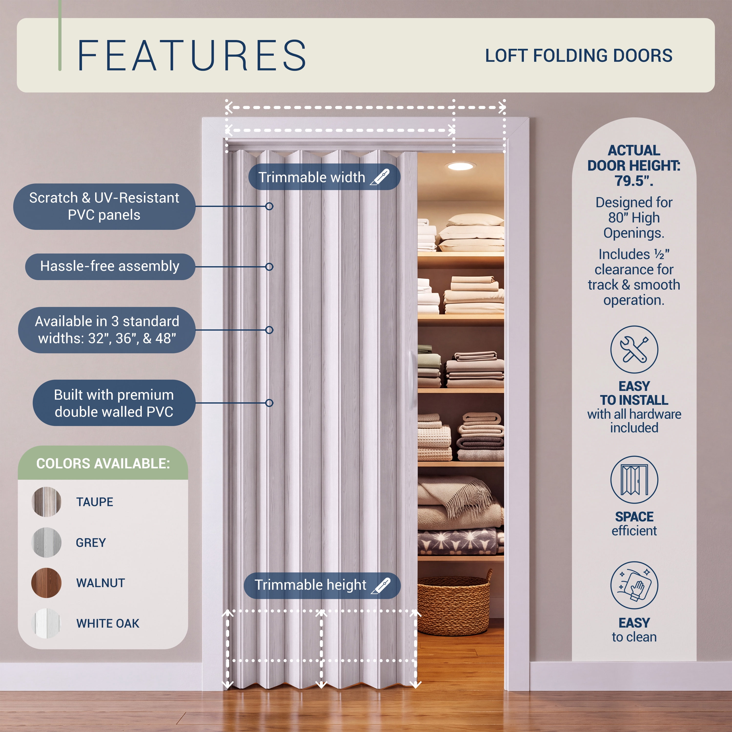 Techni Home Loft Series Premium Double Walled Foldable Accordion Door, 32"W x 80"H x 1.2"T, White RTA-LF32FD-WHT