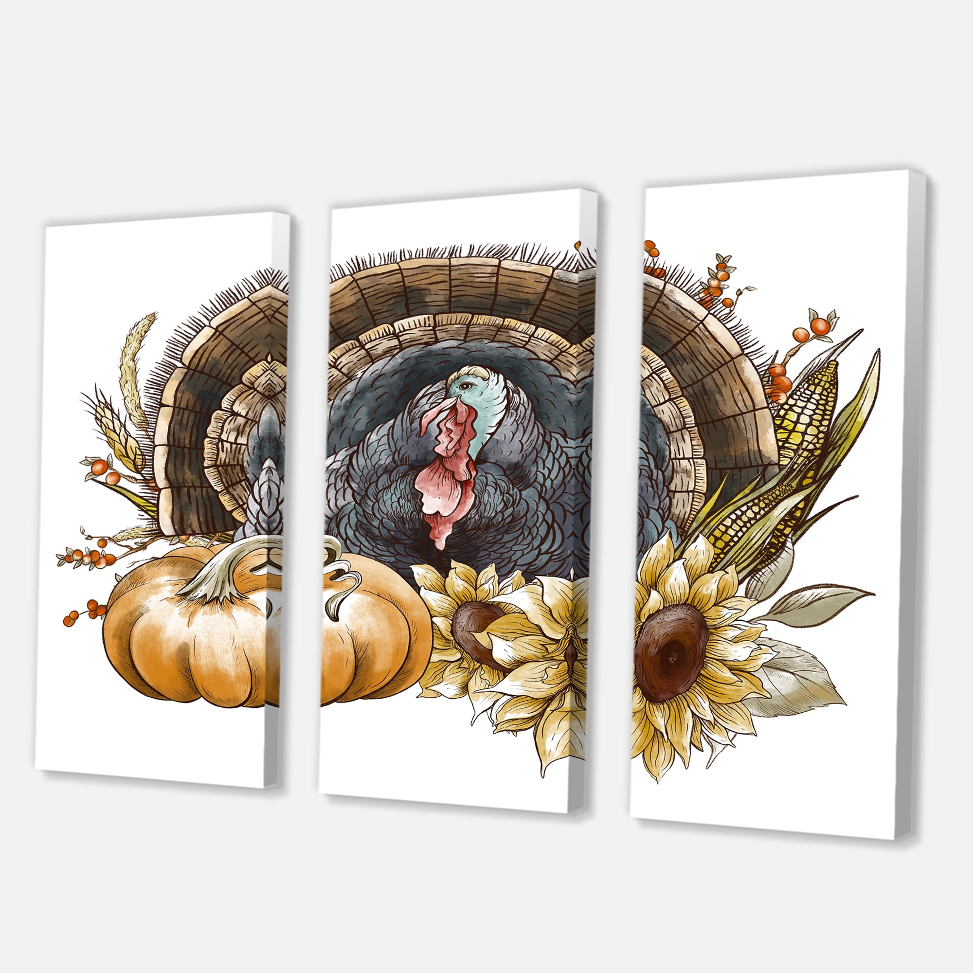 Thanksgiving Vintage Turkey Pumpkin and Sunflowers 28 in x 36 in Painting Canvas Art Print, by Designart