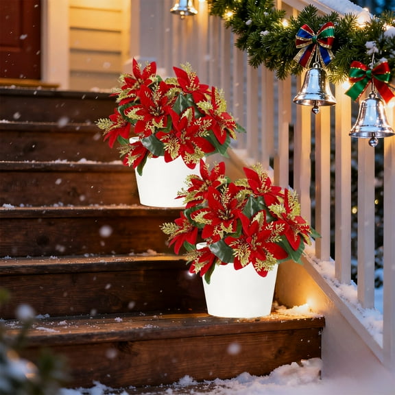 Mecorevxz 2Pcs Christmas Artificial Flowers Poinsettia Flowers Red 7 Heads Poinsettia Christmas Floral Bouquet Vase Winter Artificial Poinsettia Bushes for Xmas Decor,Christmas Gifts(Gold)