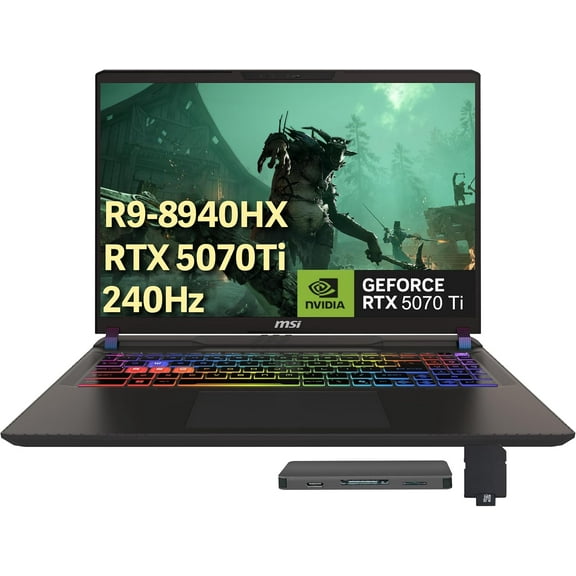 MSI Vector 16" 240Hz QHD  Gaming Laptop, AMD Ryzen 9 8940HX, 16GB DDR5, 1TB PCIe SSD, NVIDIA GeForce RTX 5070 Ti, 24-Zone RGB Backlit Keyboard, Win 11 Pro, Gray, 1TB Docking Station Set