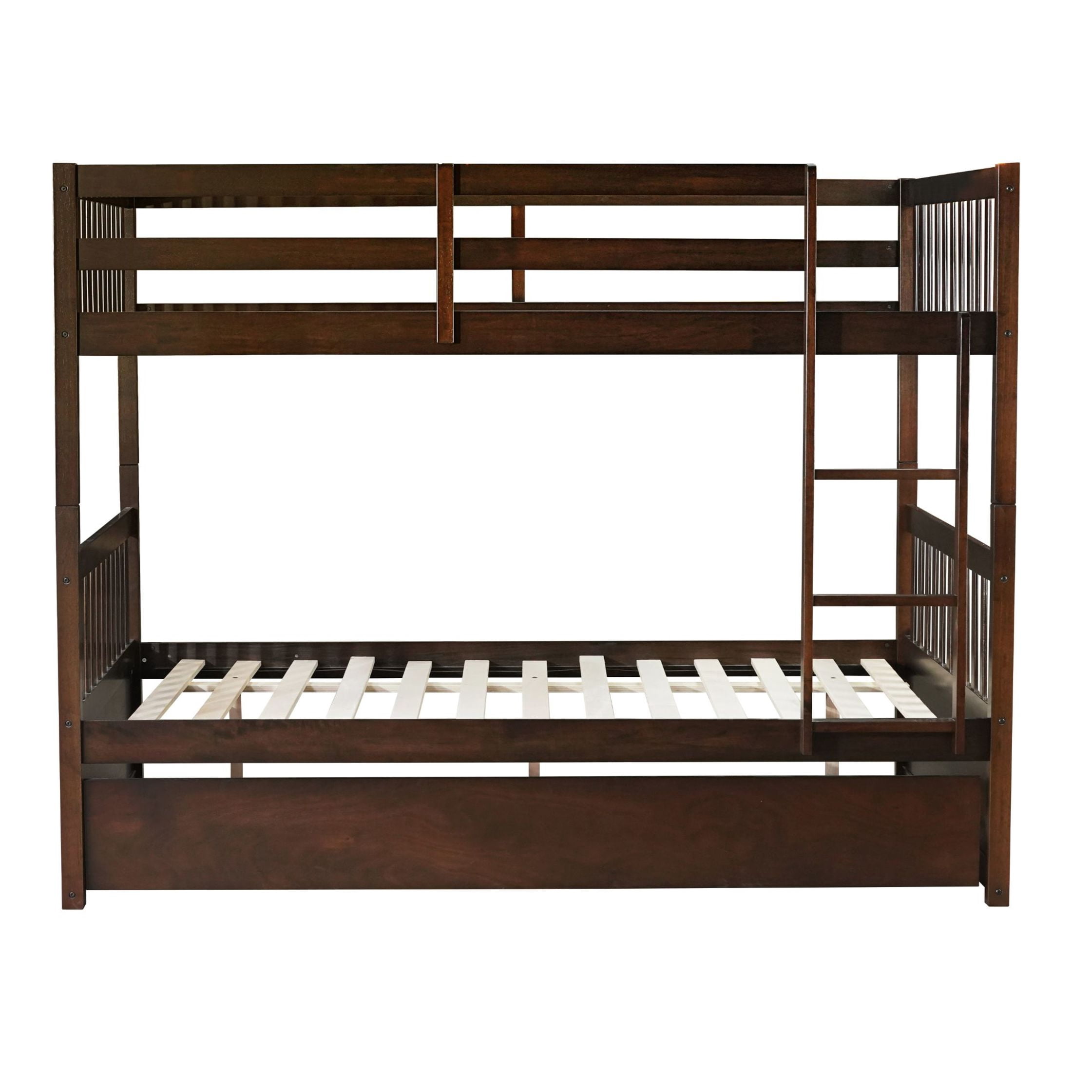 Noble House Full Over Full Rubber Wood Bunk Bed, Convertible Design with Ladder, Guardrails & Twin Trundle, Espresso