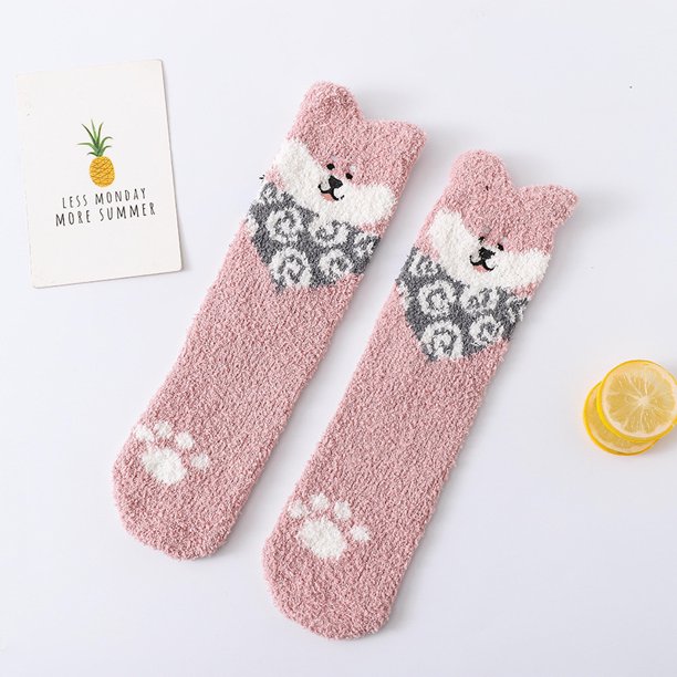 Calcetines de invierno de polar coral para dormir para mujer, bonitos calcetines con dibujos de cachorros, calcetines gruesos y cálidos para el suelo, calcetines de toalla para adultos
