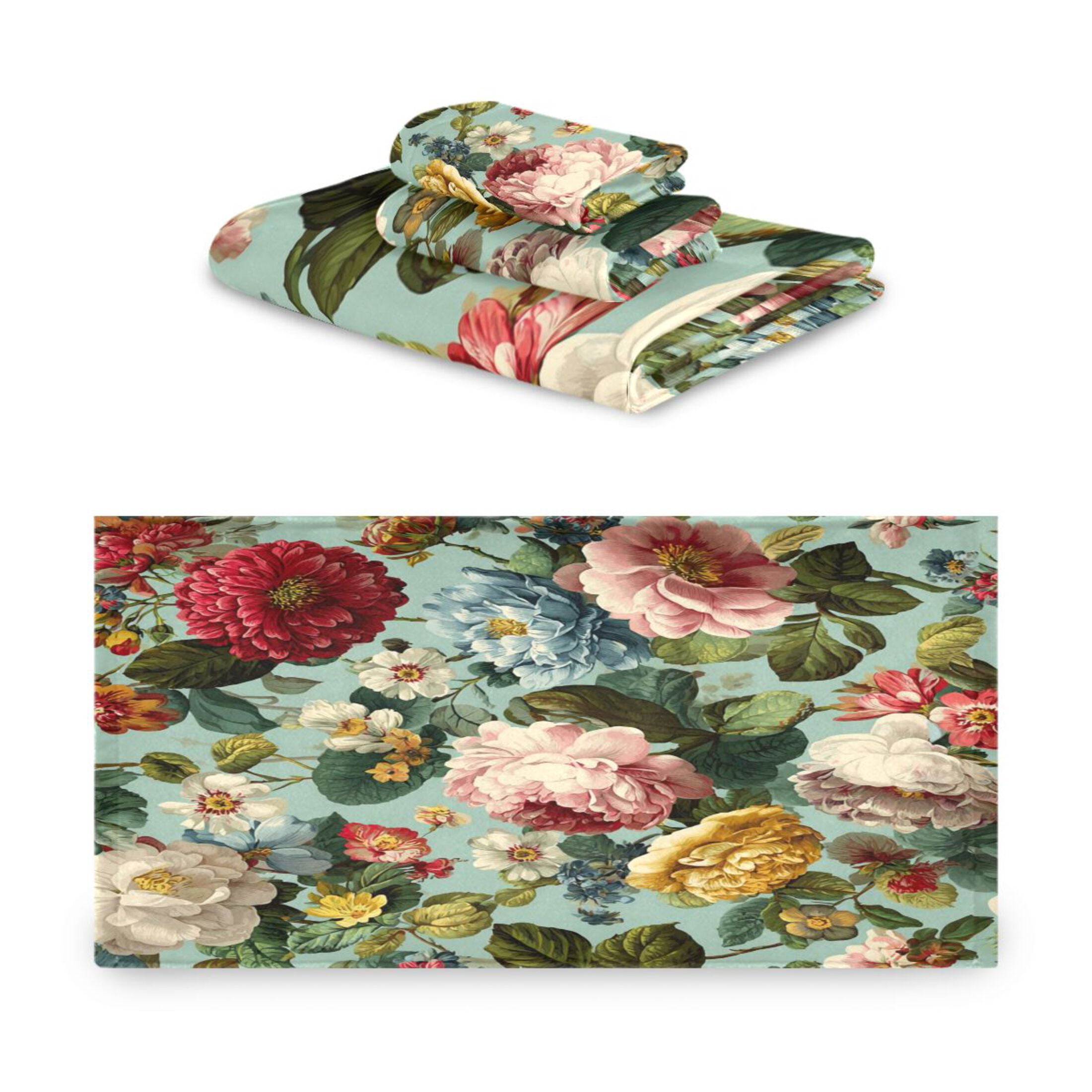 3 Piece Bath Towels Set Bath Towel, Hand Towel and Face Towel for Bathroom, Gym, Hotel Floral Pattern with Roses