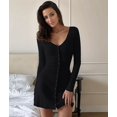 thumbnail image 6 of Women Deep V Neck Button Front Knit Mini Dress Elegant Long Sleeve Ribbed Flowy Hem A-Line Short Dresses, 6 of 9