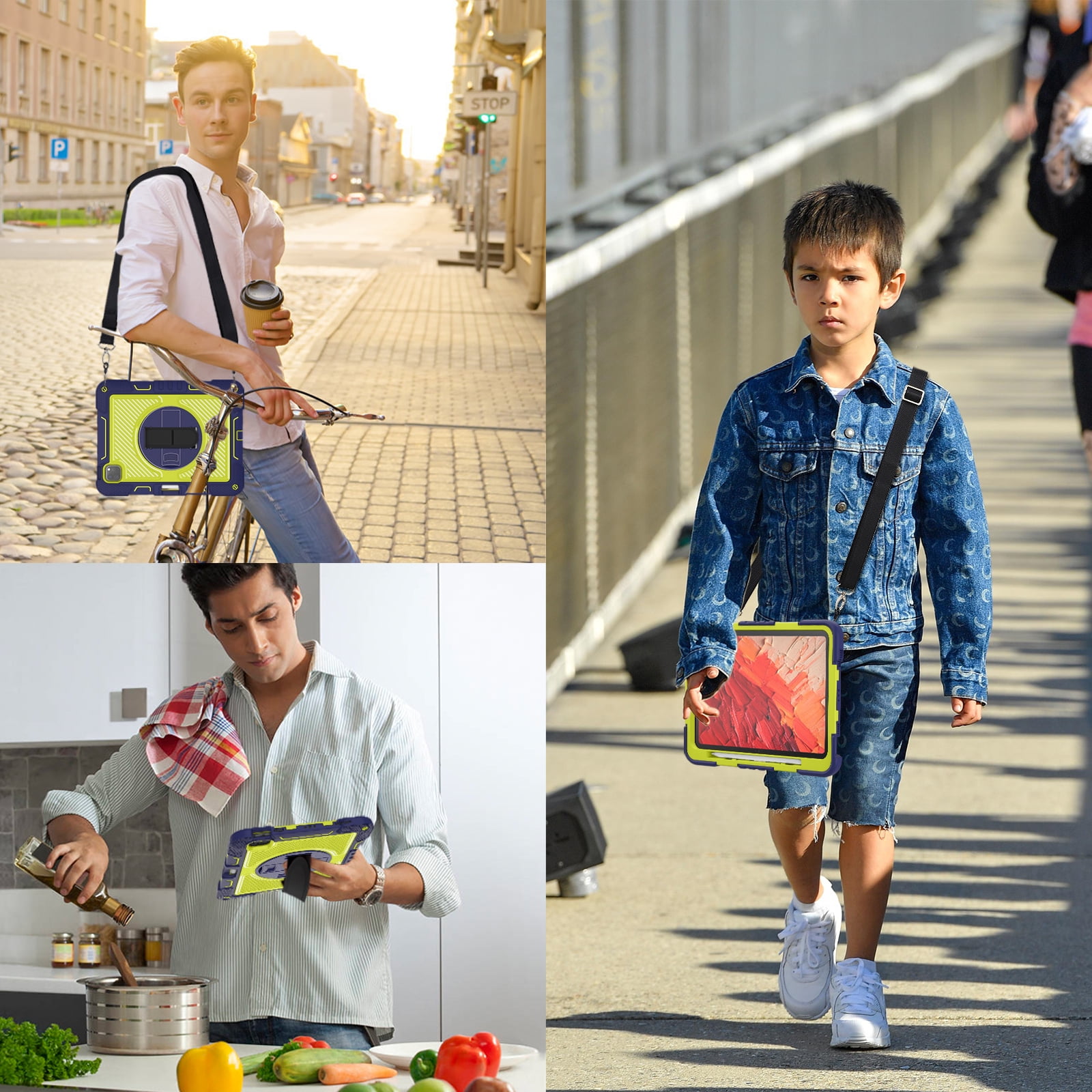 ELEHOLD 3-Layer Shockproof Case For iPad 8th/7th Generation, Rugged Cover with 360° Rotating Kickstand, Wrist Strap, Detachable Shoulder Strap, Pencil Holder, Navy Blue+Green