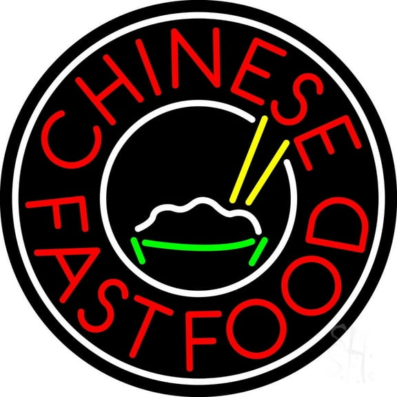 Chinese Fast Food Circle LED Neon Sign 18 x 18 - inches, Clear Edge Cut Acrylic Backing, with Dimmer - Bright and Premium built indoor LED Neon Sign for restaurant window and interior decor.