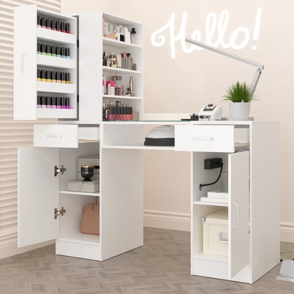 NAIYUFA Manicure Table Nail Desk for Nail Tech with Glass Top & Wrist Rest,Nail Desk Station with Power Outlets,Shelves, Storage Cabinets, Drawers,Beauty Salon Workstation(White)