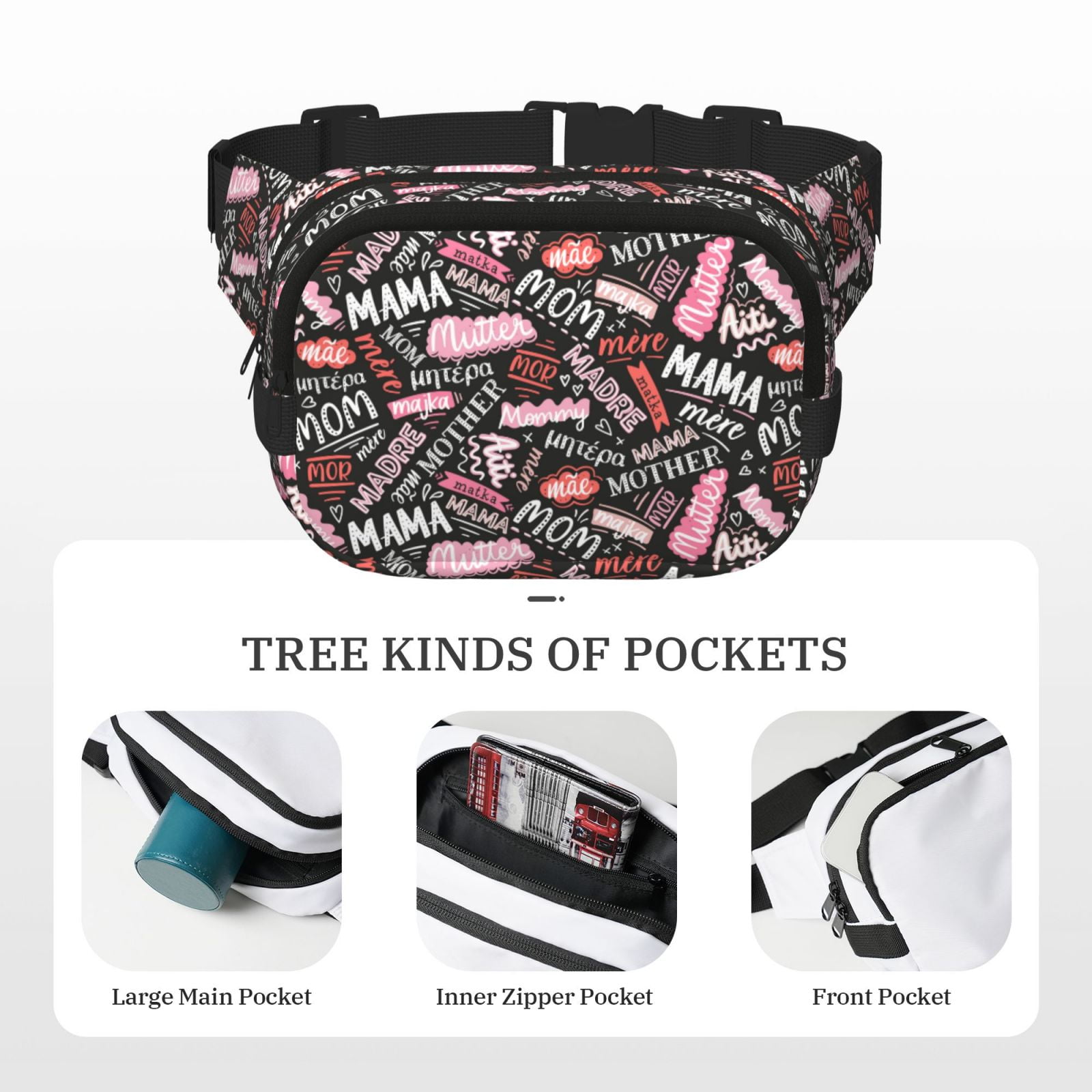 Picia Various Languages Mother Print Square Double-Layer Waist Bag Mini Adjustable Waist Belt Bag Exercise Running Travel Hiking