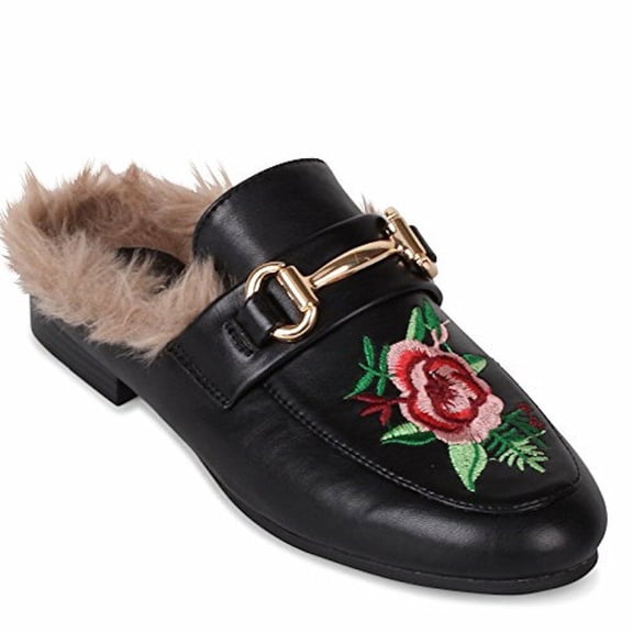 Wanted SHOES "Roseanne" Slip-on Fur Lined Loafer with Rose Embroidery BLACK SZ 6.5