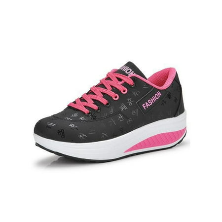 

Woobling Ladies Walking Shoes Wedge Casual Shoe Lace Up Platform Sneakers Women Fashion Sneaker Comfort Floral Slip Resistant Black Rose Red 6