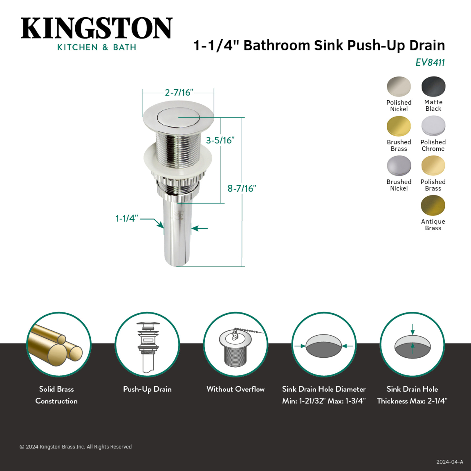 Kingston Brass EV8411 Coronet Brass Push Pop-Up Bathroom Sink Drain in Polished Chrome