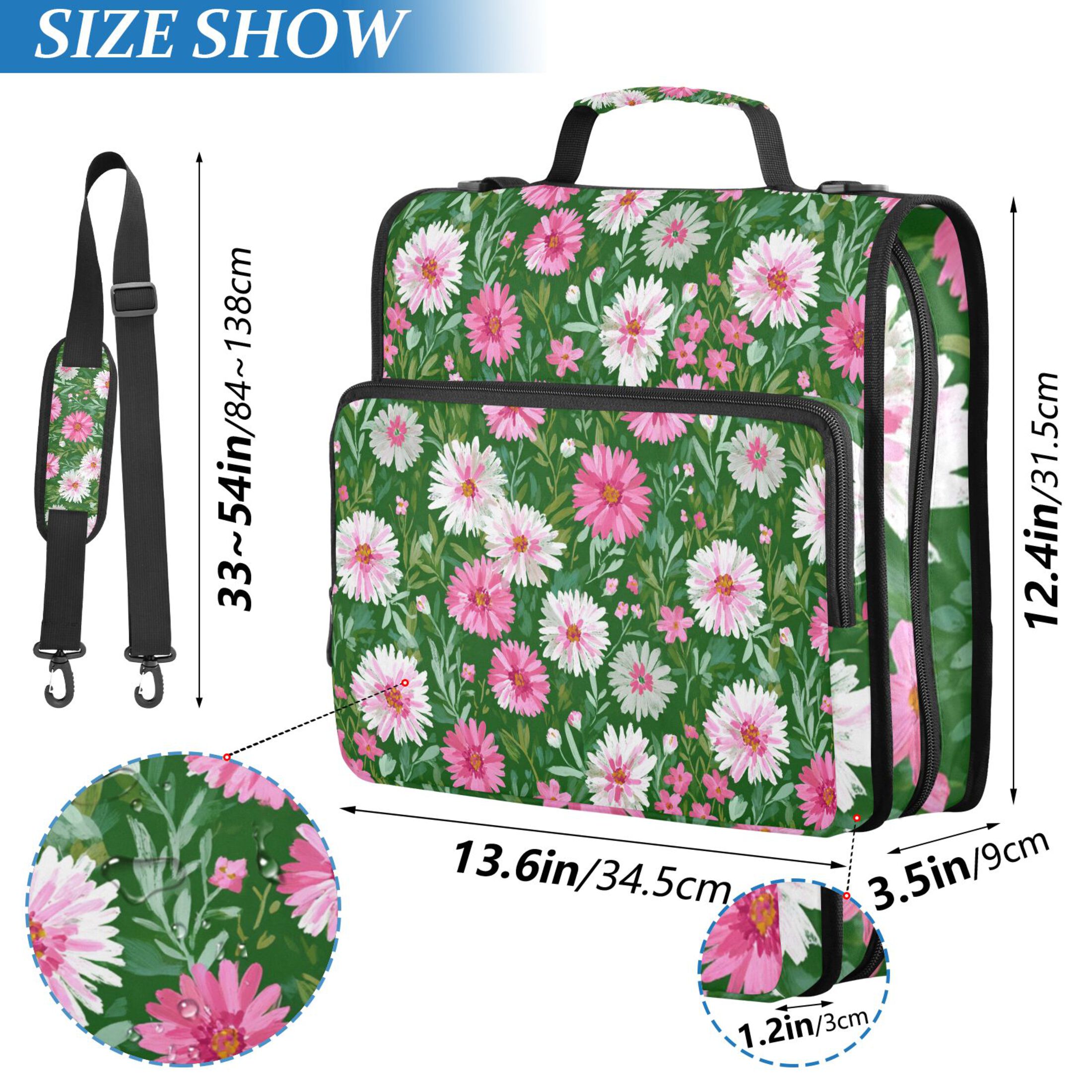 Zipper Binder Daisy Pink and White 1.5 Inch Binder Folder Bag with Shoulder Strap and Handle