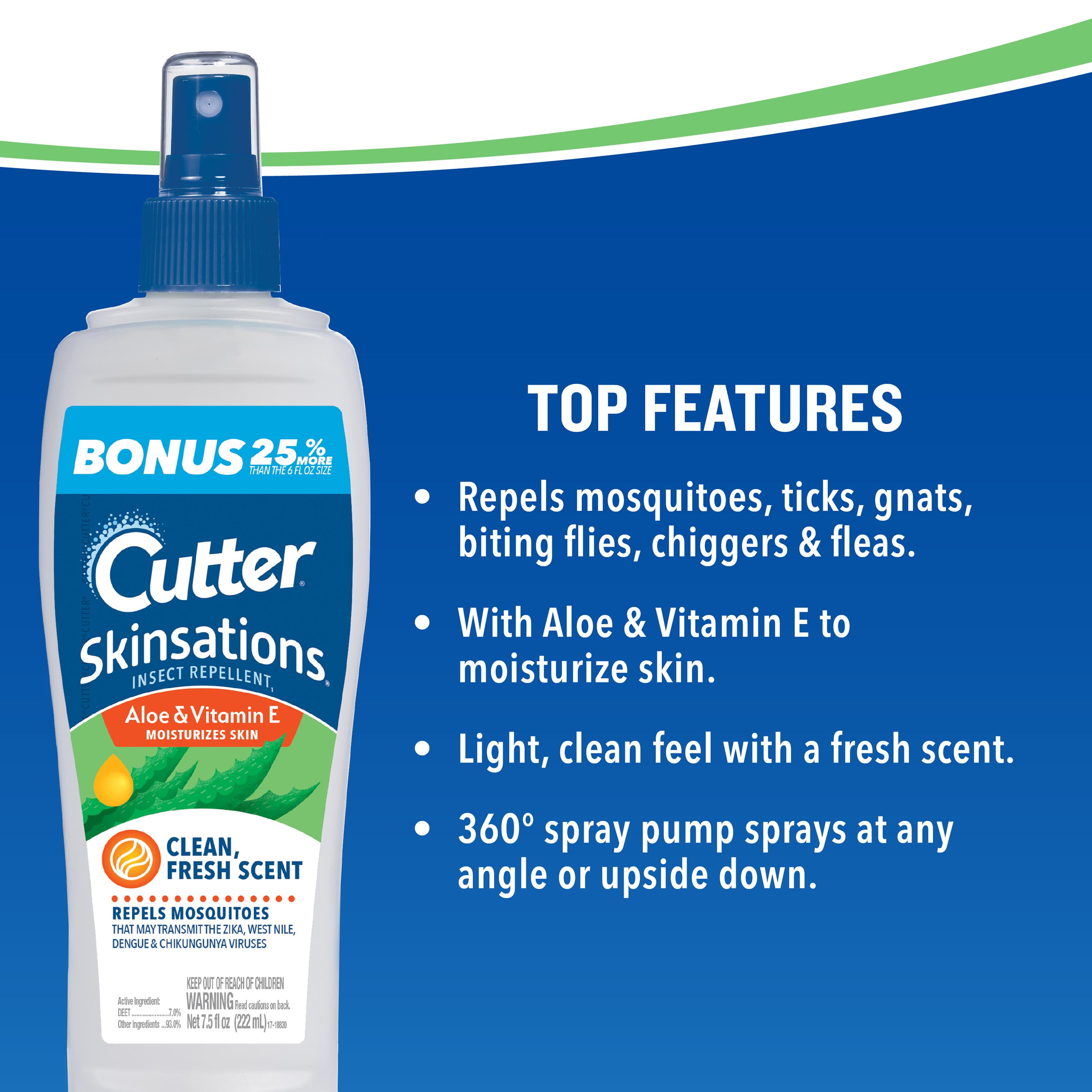 Cutter Skinsations Insect and Mosquito Repellent Pump Spray, Clean Fresh Scent Bug Spray, 7.5 Oz