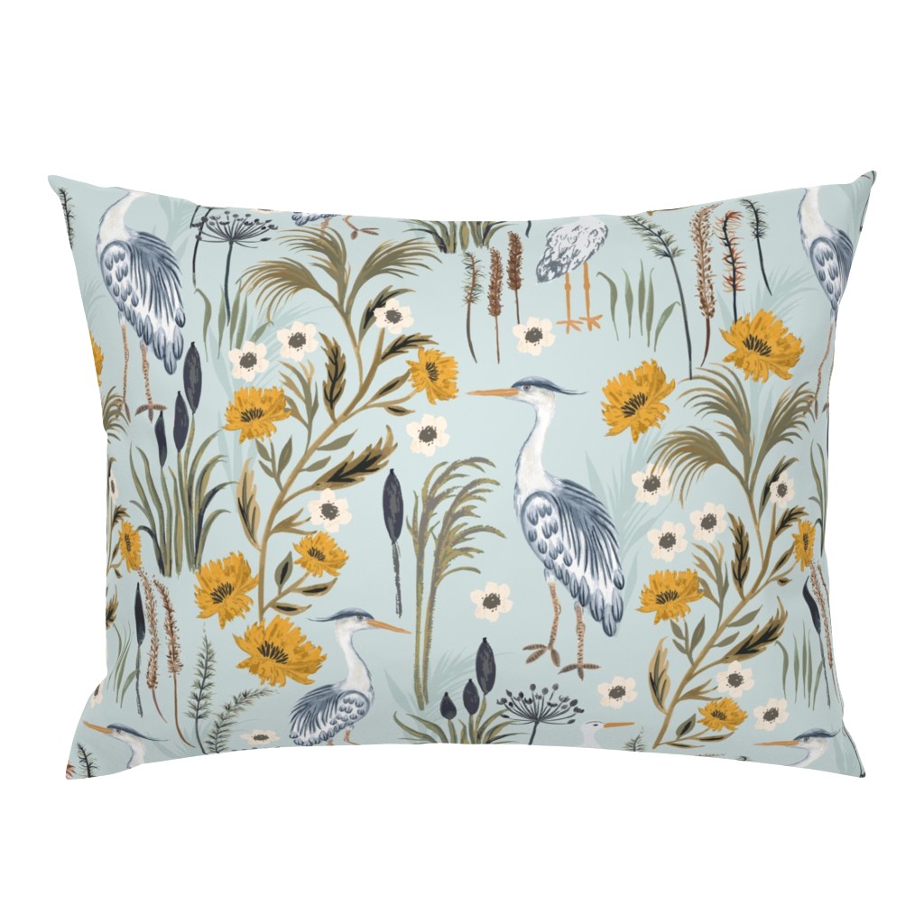 Cotton Sateen Sham, Euro Heron French Country Coastal Birds Mint Blue