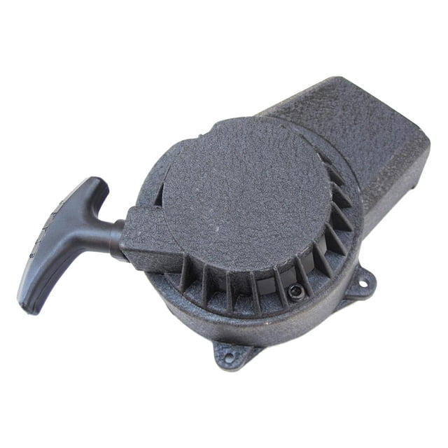 arrancador de arranque por cuerda de aleación zulema para mini moto de cross scooter 43cc 47cc 49cc 2 tiempos. Vista 3/4 frontal de la carcasa negra de aluminio con rotor circular y manija en T, tamaño aproximado 183x121 mm y tres orificios de montaje; indicado para arrancar motores 2 tiempos pequeños y suele usarse como repuesto para bicicletas de bolsillo, dirt bikes y quads.