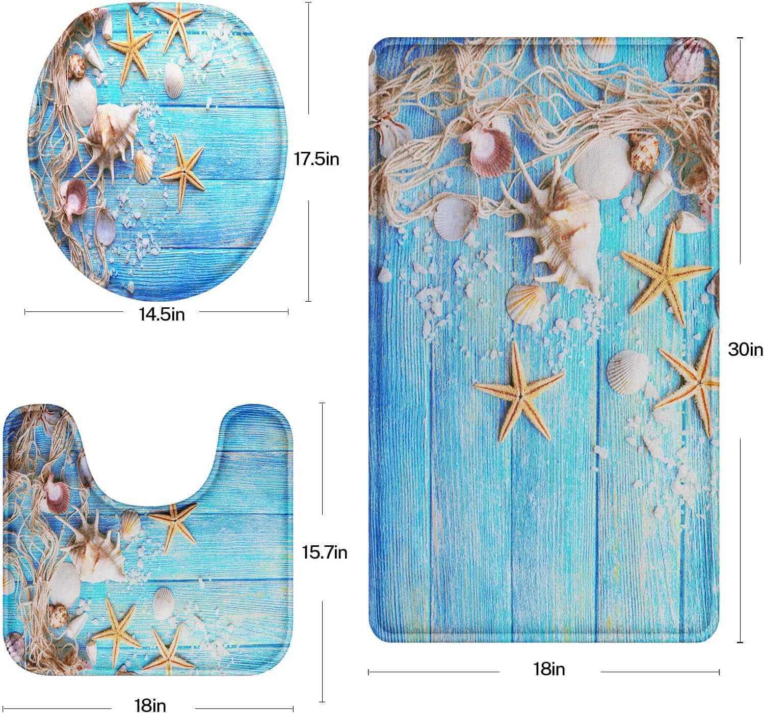 Sea Seashell Bathroom Rug Set of 3, Coastal Nautical 3 Pieces Bath Mats Set, Beach Series Blue Shells No Silp Washable Cover Floor Rug Decorations for Kitchen Bathroom Bedroom