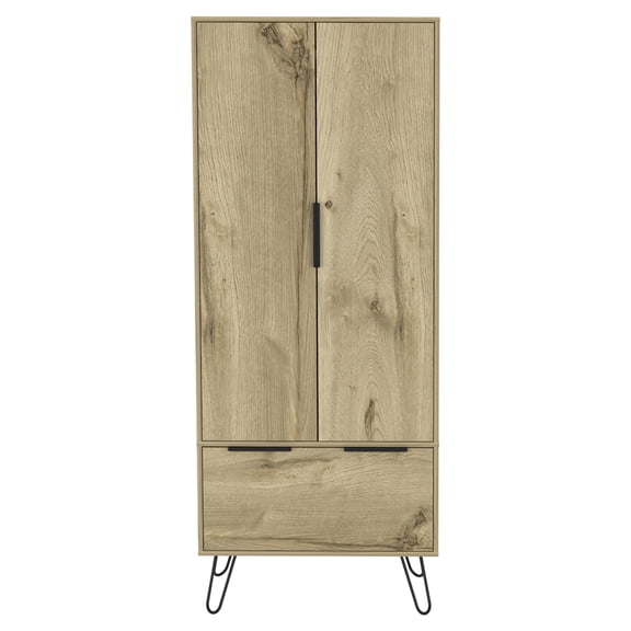 JERFIT Light Oak Armoire with Drawer, Modern 2-Door Wardrobe Closet for Bedroom Storage