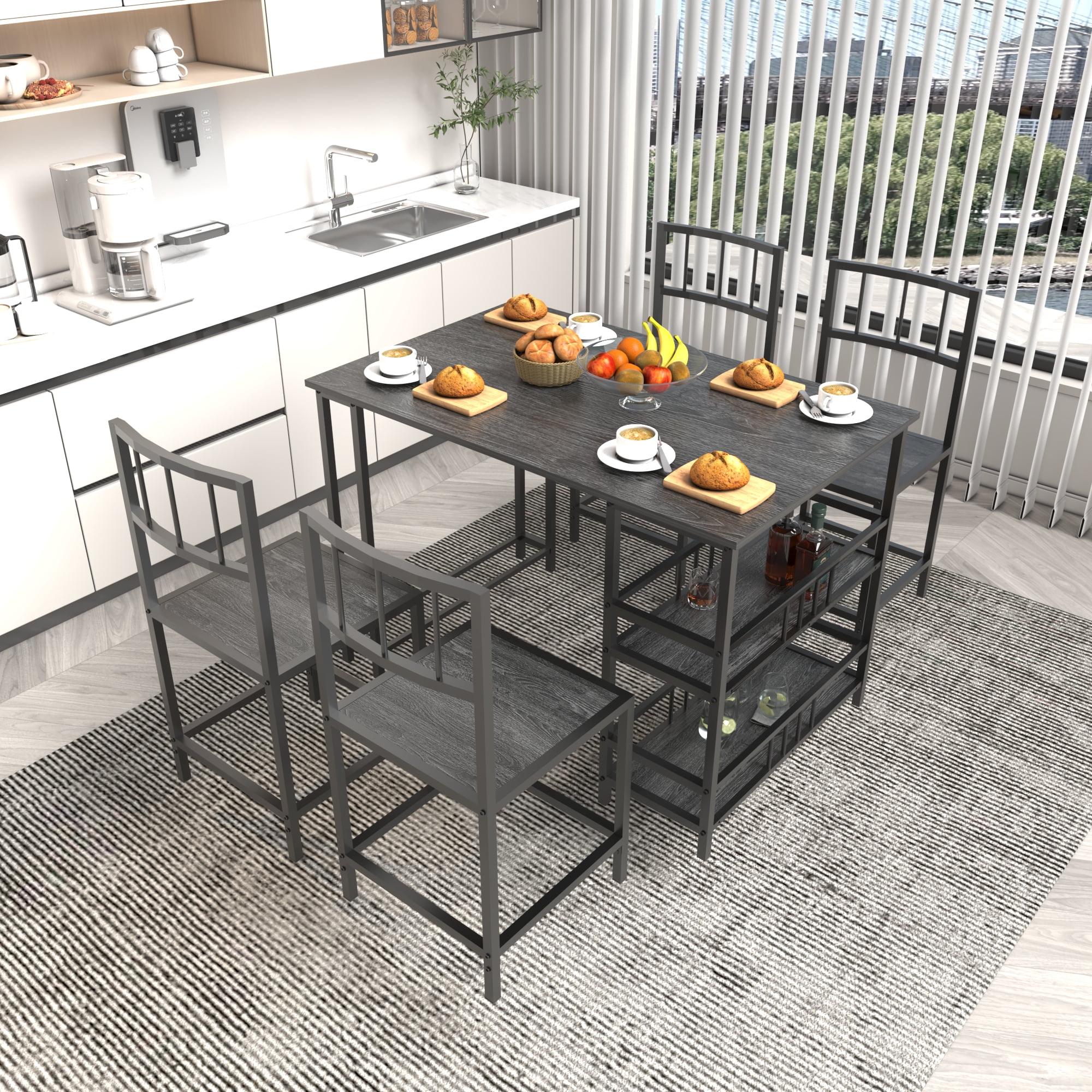 HOQBN 5 Piece Dining Table Set with 4 Chairs and 2-Tier Side Storage Shelves,Industrial Kitchen Table Wood Grain Metal Frame Dinner Furniture for Small Apartment Dining Room,Charcoal grey