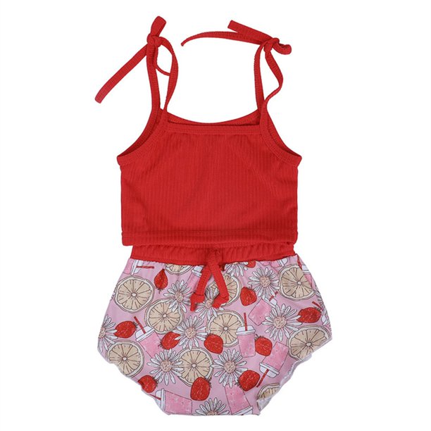 Gibobby Conjunto de ropa de bebé Conjunto de pantalones cortos estampados de dibujos animados sin mangas de color sólido para Niñas pequeña de 0 a 6 años(Rojo, 4Años)
