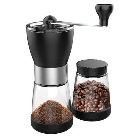 Manual Coffee Bean Grinder Ceramic Burr Stainless Steel Handle with 2 Bottom Glass Jars, Hand Coffee Mill for Home Office and Travelling