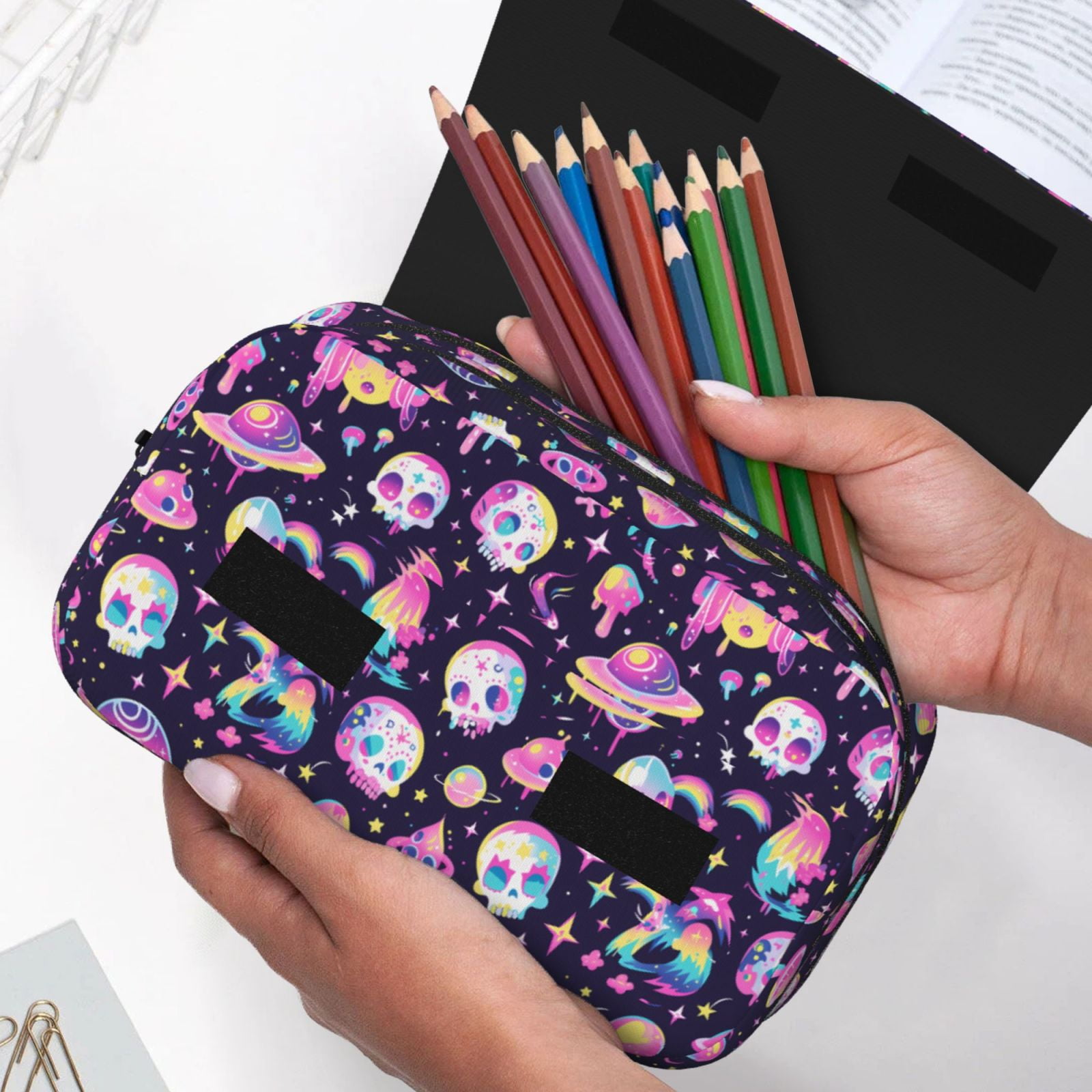 Rateoe Skull mushroom space Pattern Double Clamshell Pen Case, Storage Organizer with Two Zipper Compartments– Holds Up to 50 Pencils & Pens