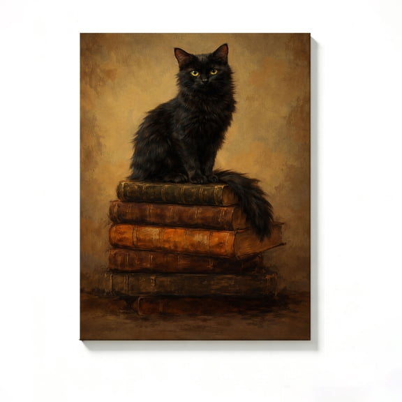 FLASHLUMI 8x12 Inch Black Cat on Vintage Books Canvas Wall Art, Whimsical Literary Decor for Living Room Bedroom, No Frame