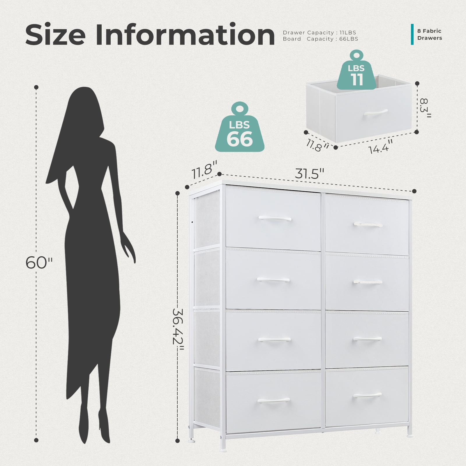 Aukfa 8 Drawer Dresser,Tall Fabric Dresser & Chest of Drawers for Bedroom,Metal Frame,White
