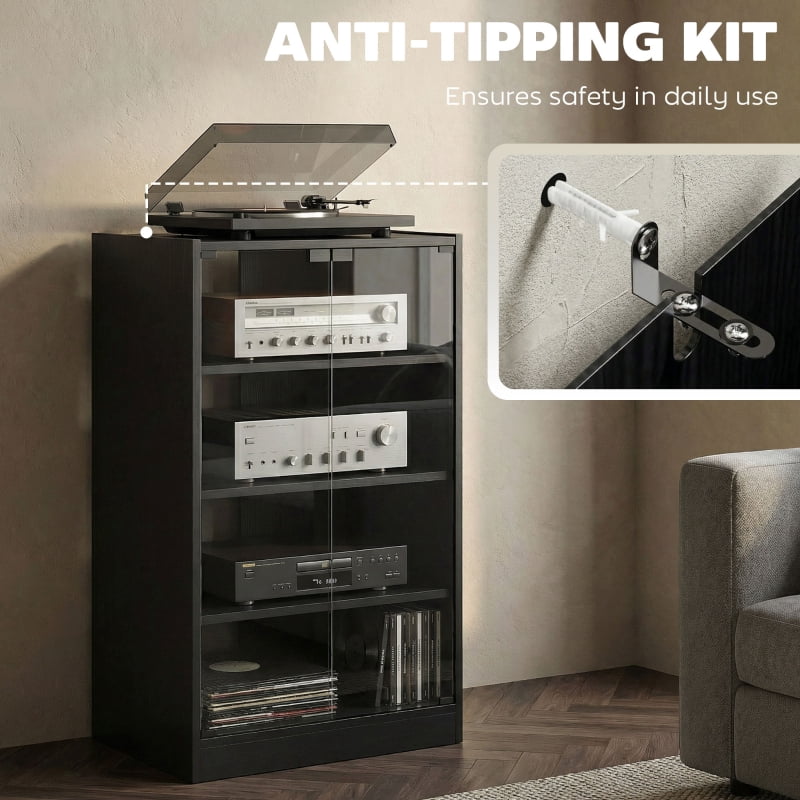 Alvantor 4-Tier Hi-Fi Storage Stand with Glass Doors & Adjustable Shelves 21.3x15.7x35.8 Black