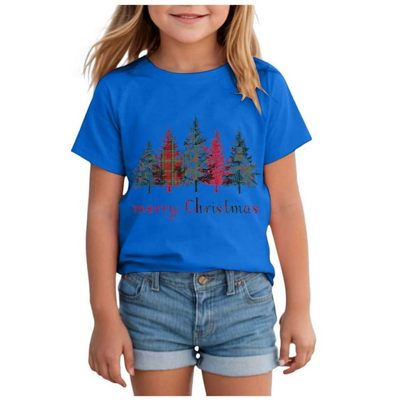 Staki Christmas Shirts for Women Christmas Tree Printed Short Sleeve Costumes Crewneck Casual Pattern T-Shirt Girls Christmas Shirts(Blue,18-24 Months)