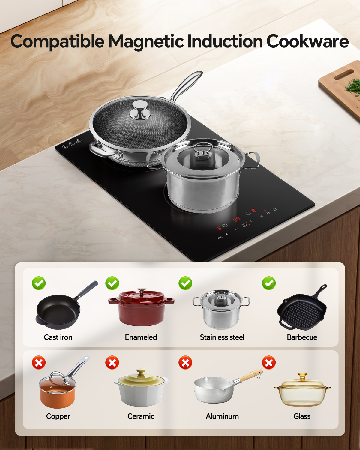 Induction Cooktop 12 Inch, Build-in 2 Burners Electric Stove Top, 9 Power Settings, Max 1800W, Sensor-Control Induction Hob with Multiple Safety Protections, Compatible with Magnetic Cookers