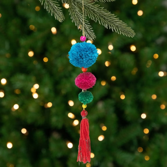 Northlight 10.25" Sky Blue and Pink Pom-pom Hanging Christmas Ornament