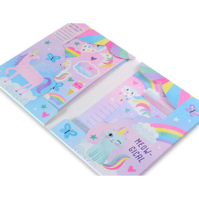 Jewelkeeper Rainbow Unicorn Design Writing Kit with Gold Foil, Girls  Stationery Paper Letter Set, Stickers, Envelope Seals 
