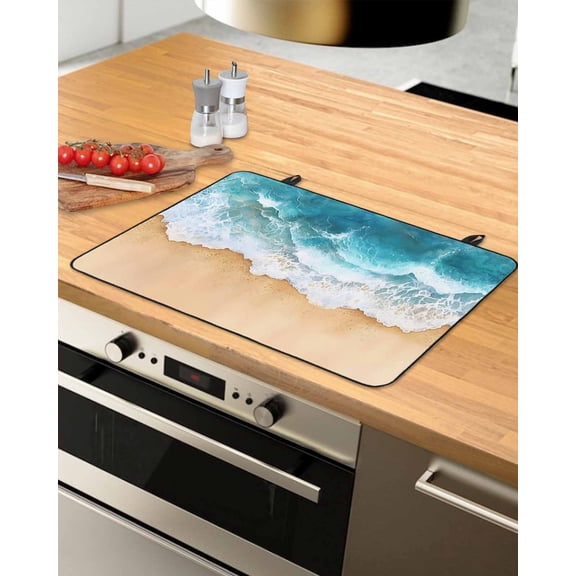 nqOlkjepod Large Induction Cooktop Protector Mat 36"x21", Teal Ocean Waves Stove Top Covers for Electric Stove, Summer Beach Coastal Nautical Stove Burner Cover Mats, Glass Top Stove Cover