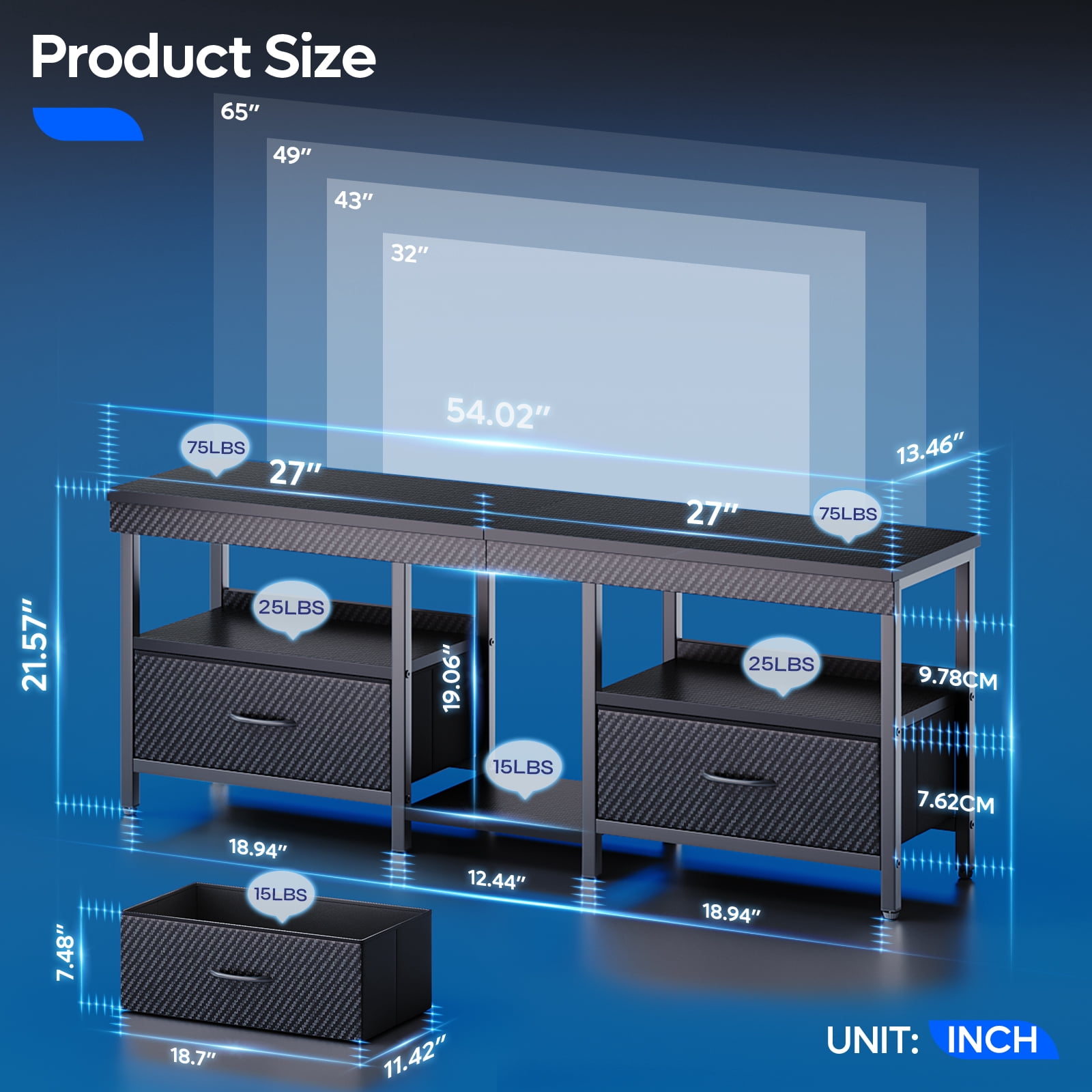 Bestier LED TV Stand Entertainment Center for TVs up for 55 60 65 inch TV Console Table with 2 Storage Drawers,Carbon Fiber Black