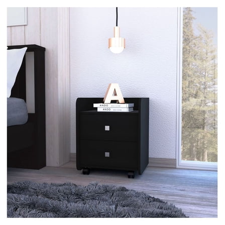 Csmet Nightstand with Drawers, Black Wengue - Modern Bedroom Furniture, Metal Handle, 2 Drawer Bedside Table, Ready to Assemble
