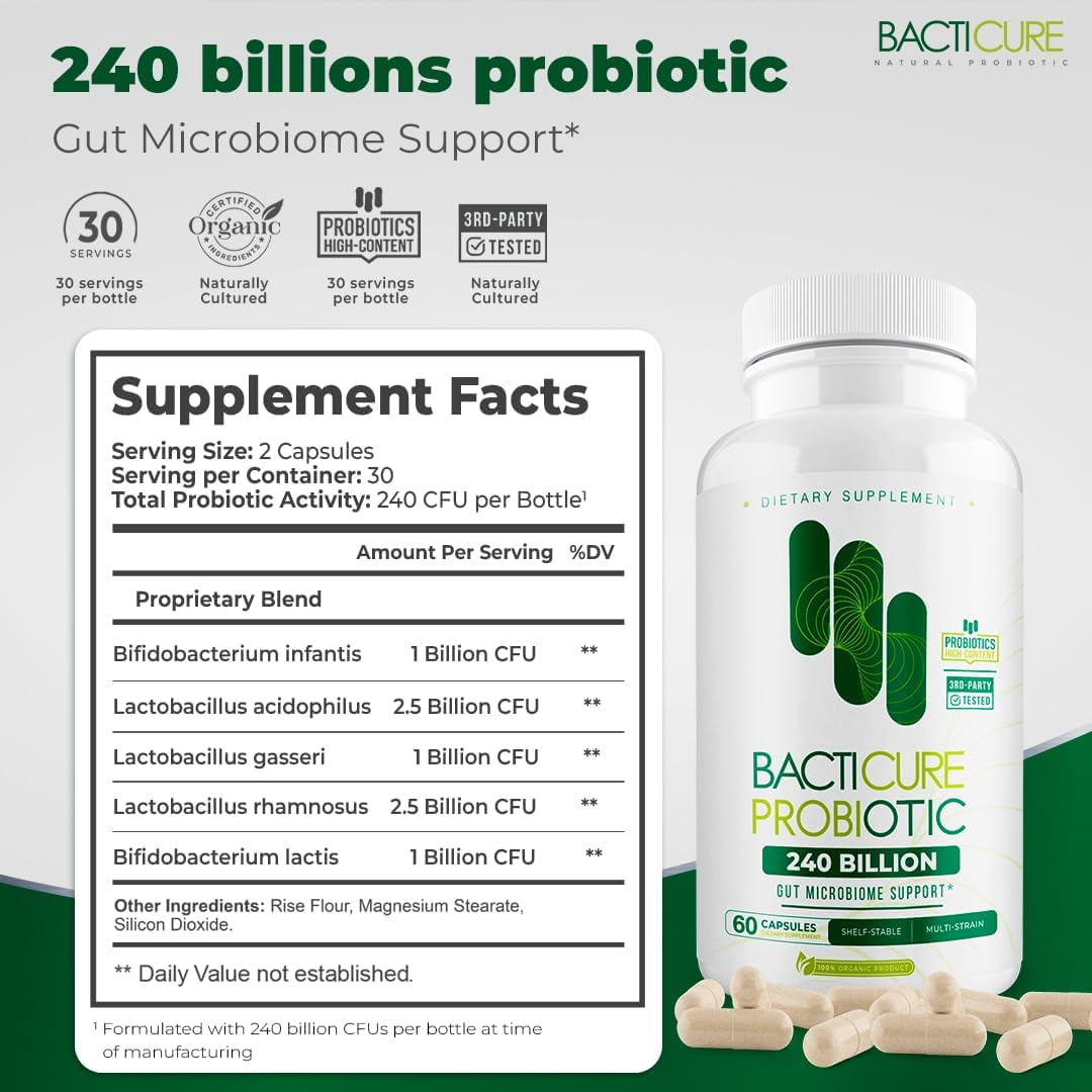 Bacticure, Natural Probiotic, Natural Product, Set of 2 Bottles, Total 120 Capsules, Vegetarian Capsules, Patented Formula, Original Product.