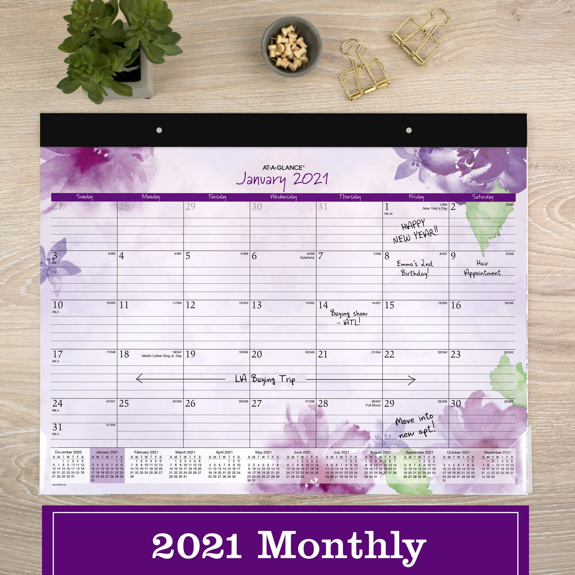 AT-A-GLANCE Beautiful Day 13-Month Monthly Desk Pad Calendar, 21 3/4" x 17", January 2021 to January 2022 - SK38-704-21