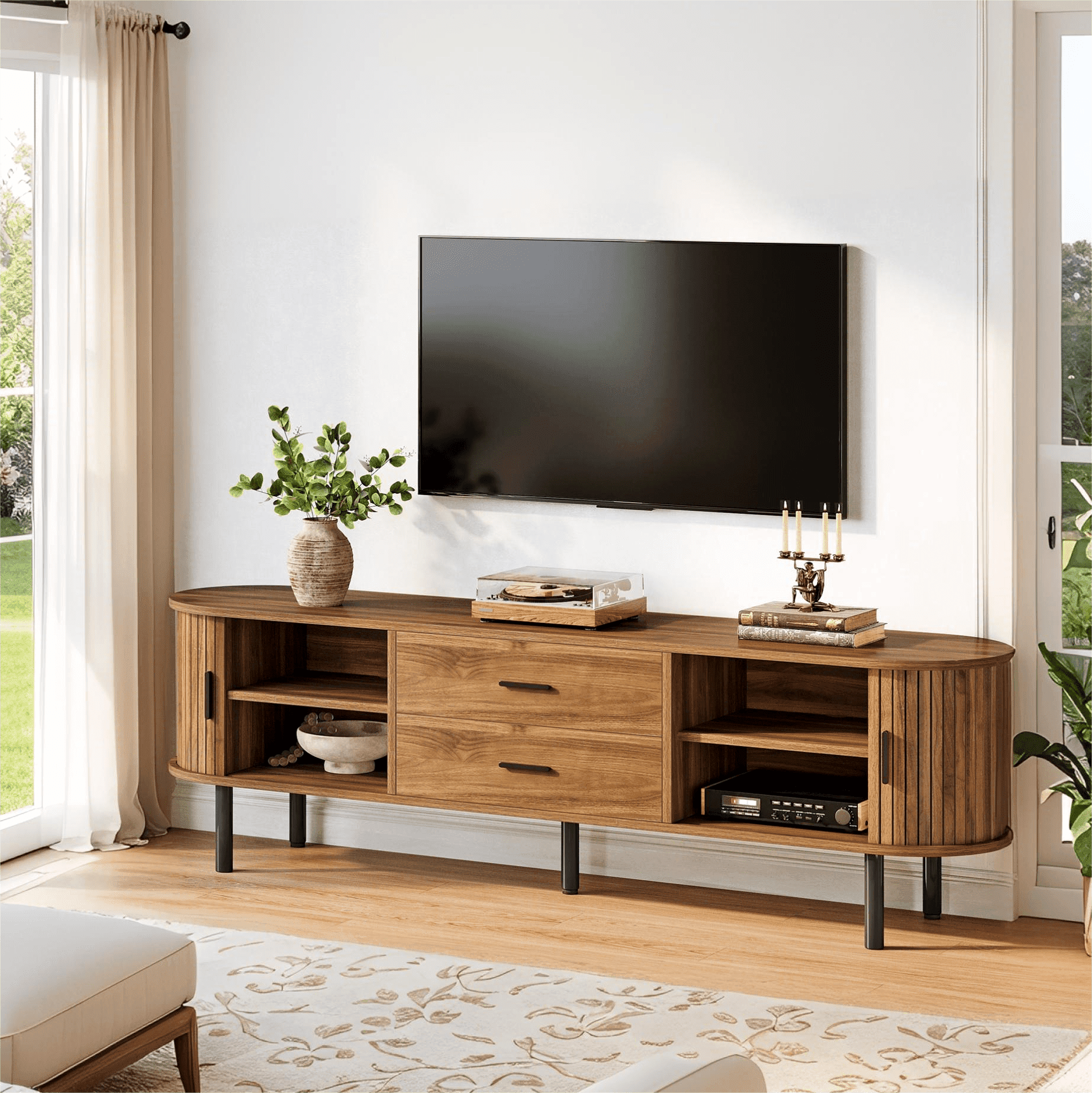 LINSY HOME Fluted TV Stand, Mid-Century Design, Supports TVs Up to