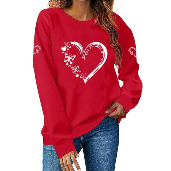 Hxlamzoo Womens Valentines Sweatshirt 2026 Red Love Heart Printed Crewneck Pullover Loose Long Sleeve Shirts