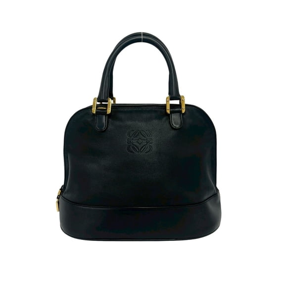 Pre-Owned LOEWE Vintage Anagram Logo Engraved Leather Handbag Tote Bag Mini Boston Black 61956