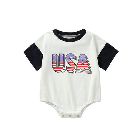 

Inevnen Baby 4th of July Romper Short Sleeve Round Neck Letter Pattern Bodysuit