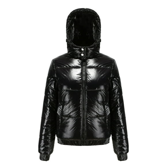 IROINID Women's Short Hoodie Puffer Coat Solid Color Long Sleeve Warm Jacket Slim Winter Coats, Black