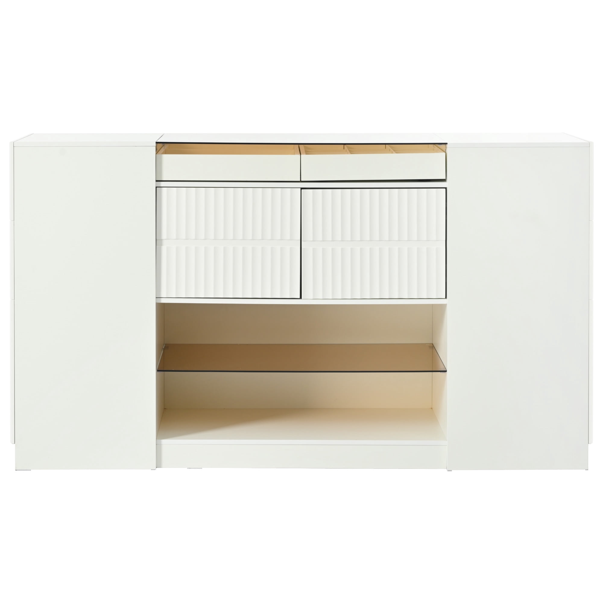 BaPiPro Modern Luxury Multi-Functional Island Vanity Dresser and Storage Cabinet with Glass Tabletop, Display Shelf, 6 Drawers, Cream White MDF