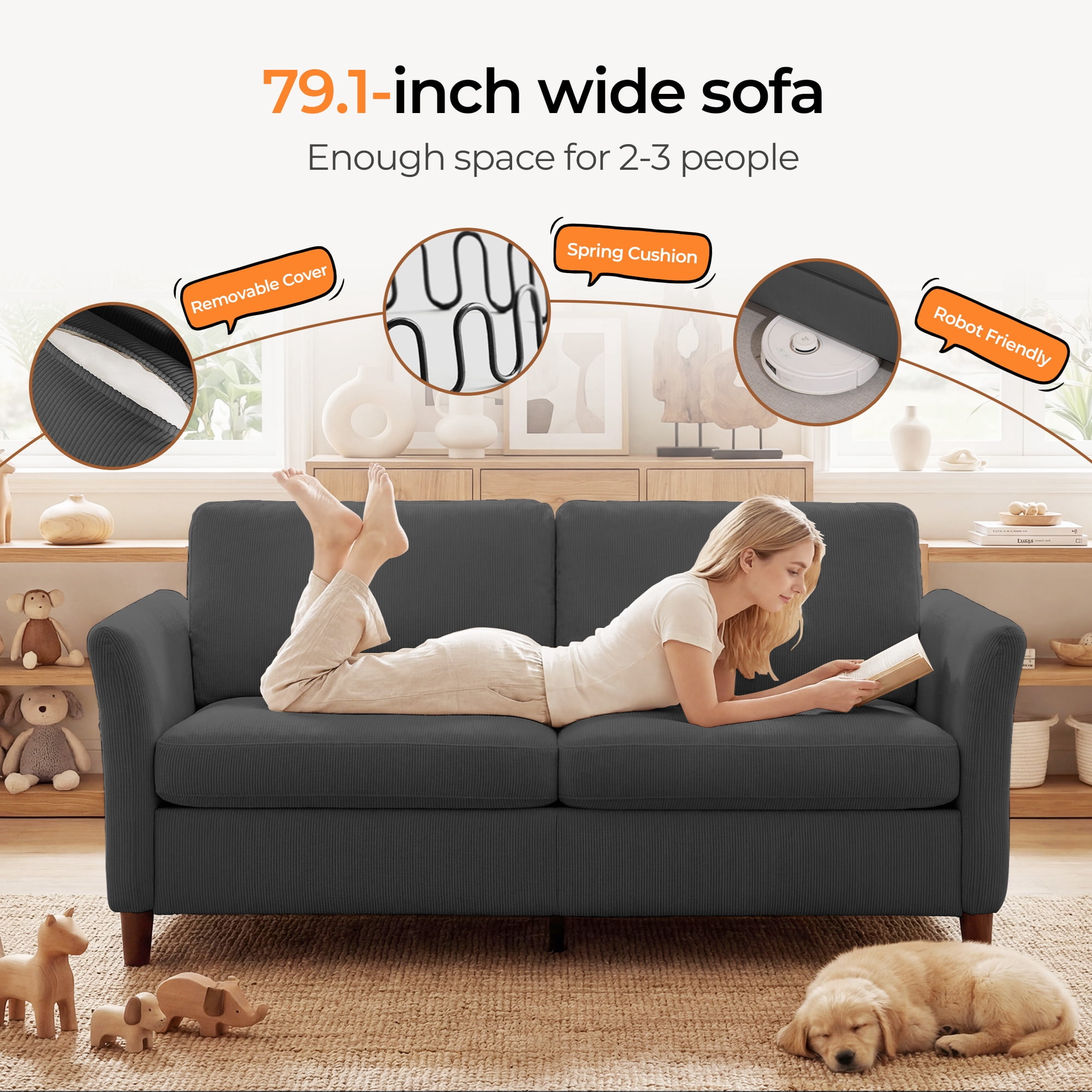Poshby 79.1'' Comfy Couches Corduroy Sofas Loveseat 3-Seater with Side Pocket for Bedroom, Dark Gray