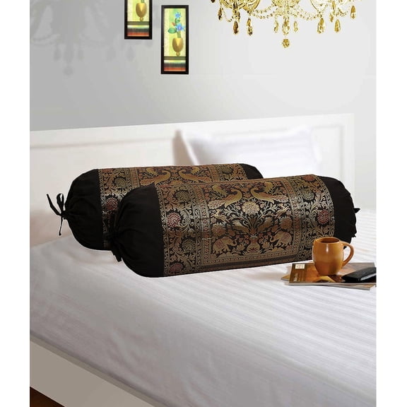 Stylo Culture Ethnic Polydupion Cylindrical Tube Pillow Bolster Pillow Covers Black Jacquard Brocade Border Elephant Large Couch Round Cylinder Cushion Covers (Set of 2) | 30x15 Inches (76x38 cm)