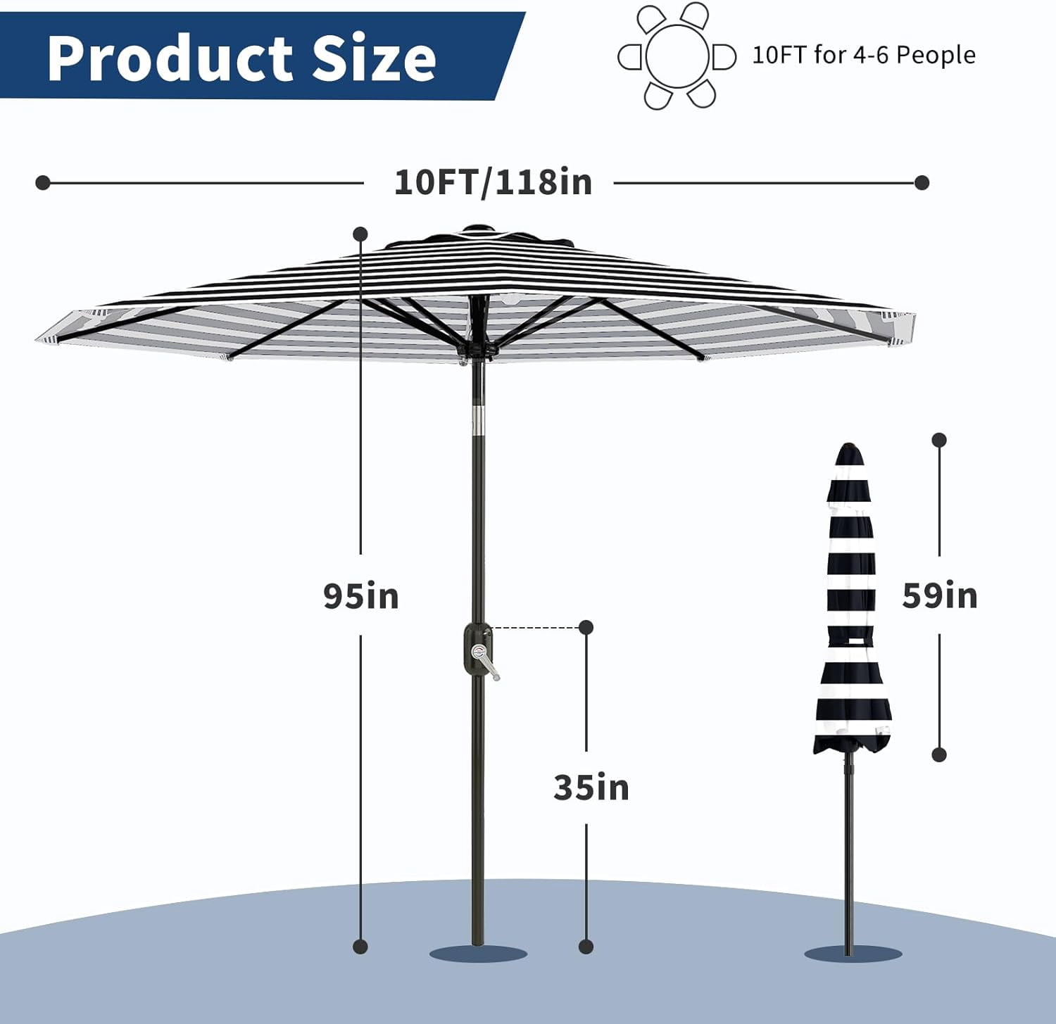 IdealHouse 10 ft Outdoor Patio Umbrella 8 Sturdy Ribs Outdoor Table Umbrella with Crank Lift & Push Button Tilt UV Protection Waterproof Market Umbrellas for Pool Deck Yard, Black & White Stripes