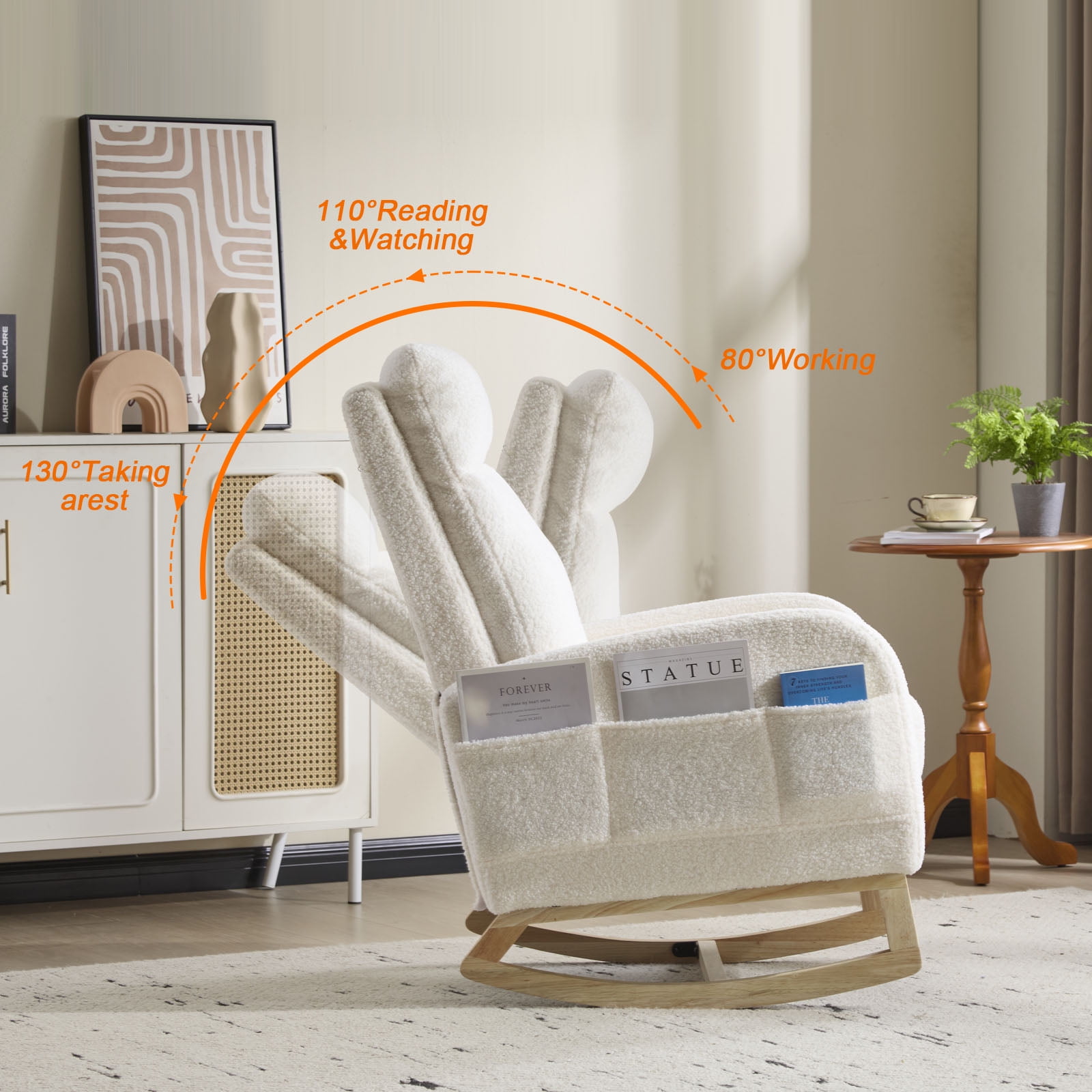 CQSXDA Modern Accent Rocking Chair with Solid Wood Legs and Side Pocket Upholstered Nursery Glider for Any Room, White